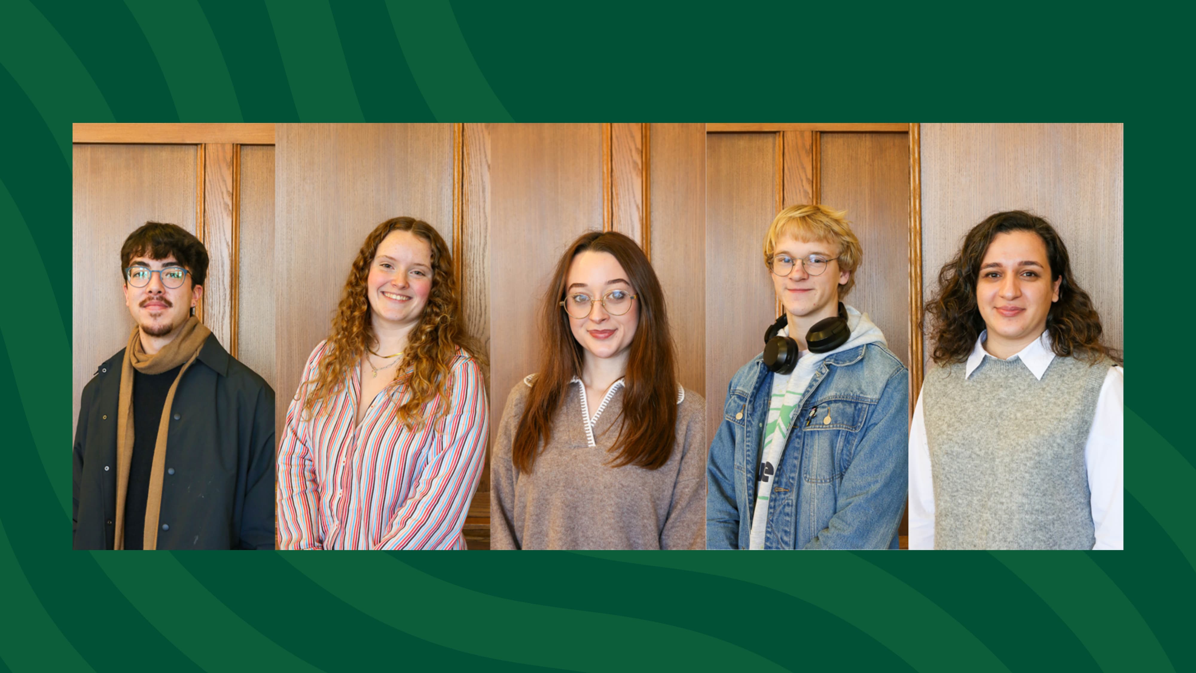Headshots of 3 women and two men against a wooden background, all smiling. The images are layered on a dark green background.